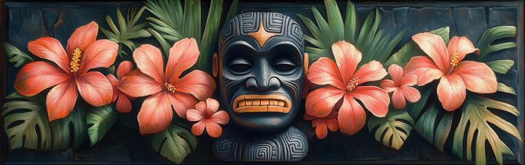 Obraz premium Tiki design for luau celebration invitations with tropical flowers and vibrant greenery. Hawaii Aloha, amulet