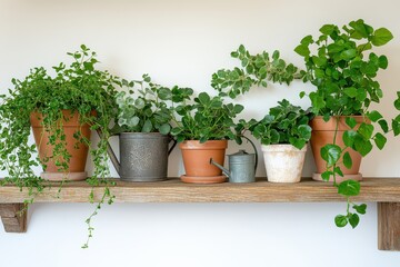 A vibrant display of potted plants on a wooden shelf against a neutral wall backdrop
