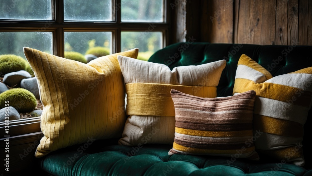 Aufkleber Cozy window nook featuring textured cushions and a soft blanket, ideal for unwinding in a warm atmosphere.