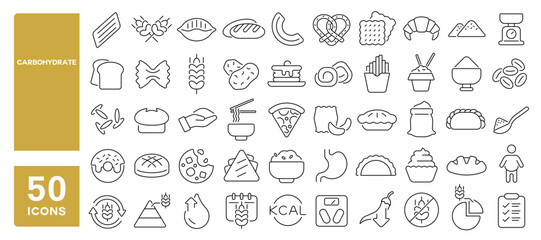 Set of 50 line icons related to carbohydrate, whole grains, nutrition, wheat, rice, bread, pasta, gluten, flour, chips, carb, Editable stroke. Vector illustration