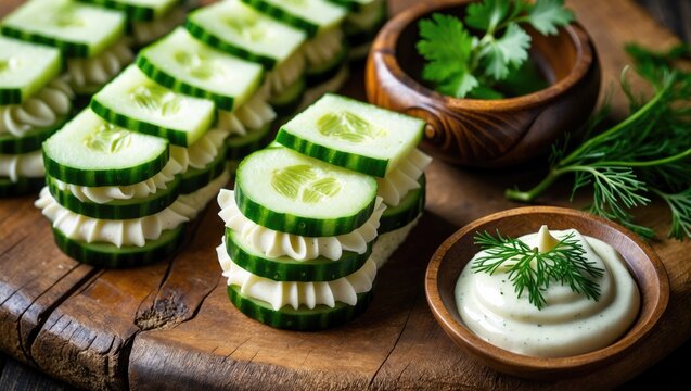 Cucumber cream cheese sandwiches arranged closely on a wooden board. - Powered by Adobe