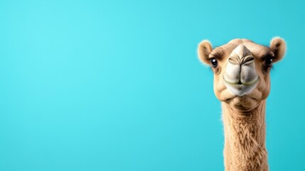 This adorable camel presents a close-up view against a vibrant blue background, drawing in viewers with its inquisitive expression and unique charm.