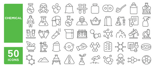 Set of 50 line icons related to chemical, laboratory, chemistry, toxic, science, mask, microscope, flask, molecular, process, reaction, Editable stroke. Vector illustration