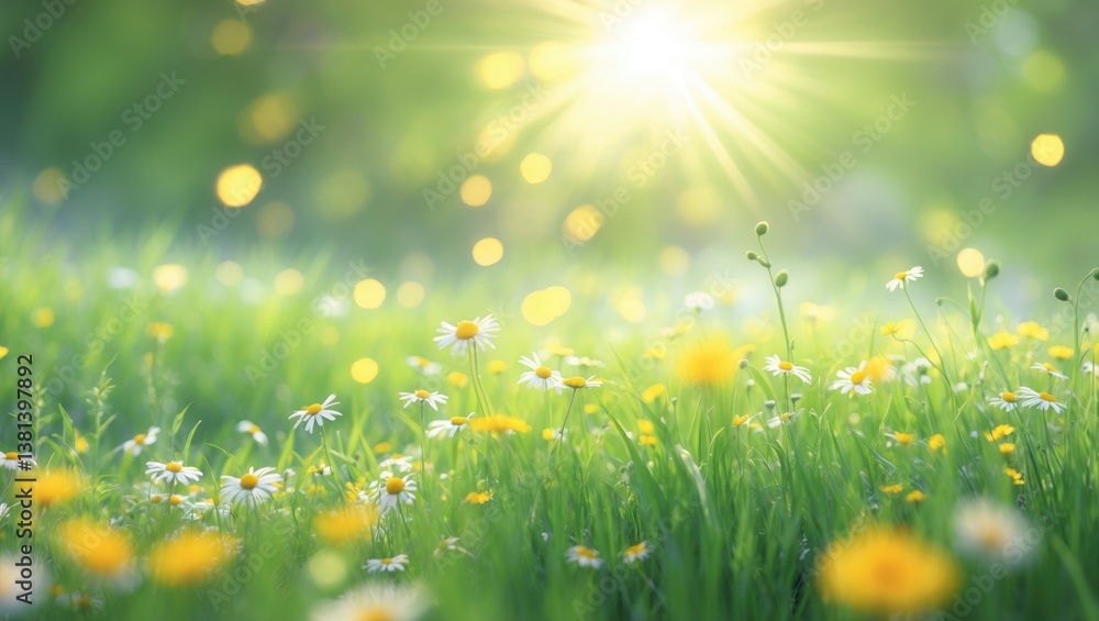 Aufkleber Daisy in a green sunny spring meadow. Blurred luminous background featuring light bokeh and shallow depth of field. Close-up horizontal image with space for text.