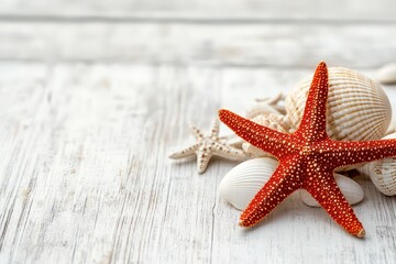 A vibrant red starfish surrounded by various seashells on a rustic wooden surface