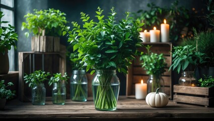Fototapeta premium Composition of rustic wooden outdoor kitchen table with decor of vegetables and plants.
