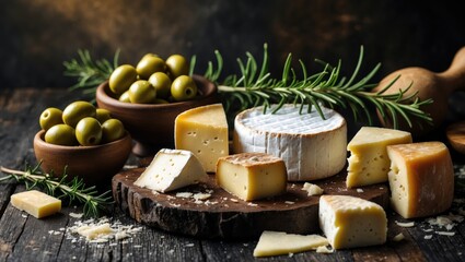 Dairy products. A selection of cheese, olives, and snacks arranged on a table. Aerial view.