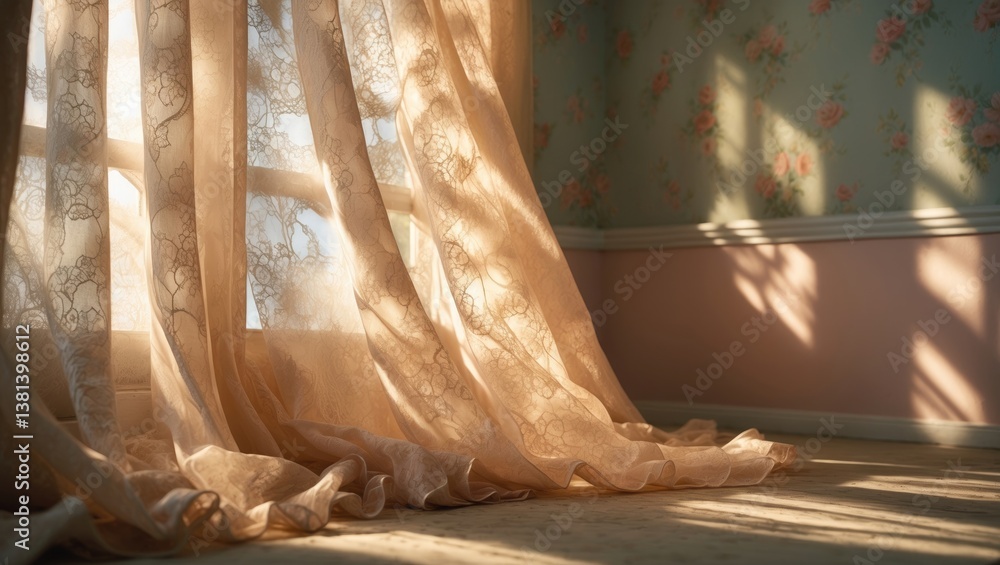 Poster curtain draped over window with illumination.