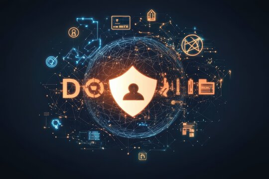 Enhancing security awareness through global connectivity and digital icons, security awareness text over globe with icons and connections on black background