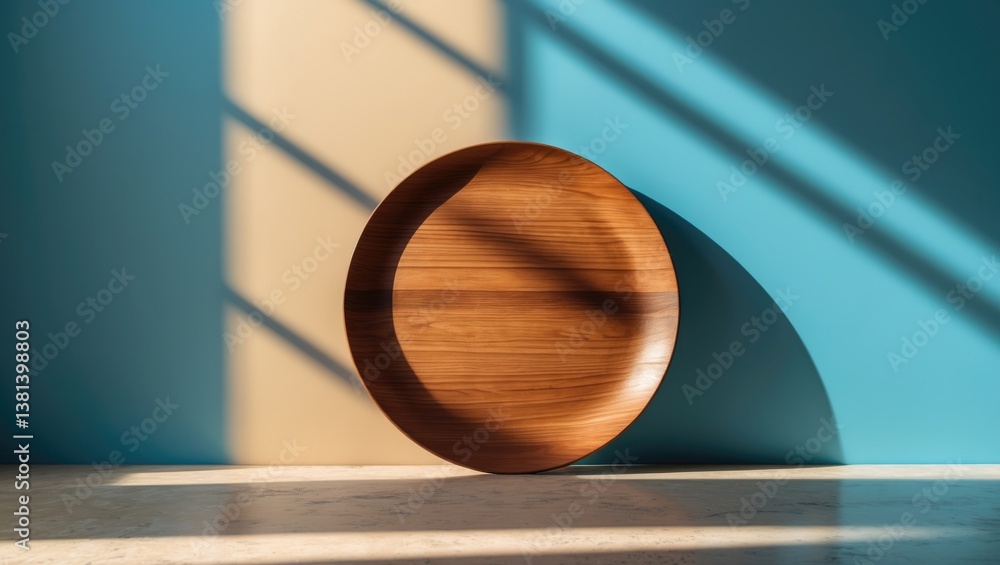 Poster cylinder shape wooden podium, stand, and deep shadow on a contrasting background. product display ba