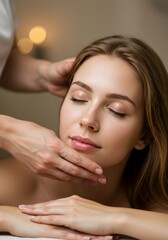 Naklejka premium portrait of a beautiful young woman doing facial skin care. The woman's face is massaged with a very relaxed face
