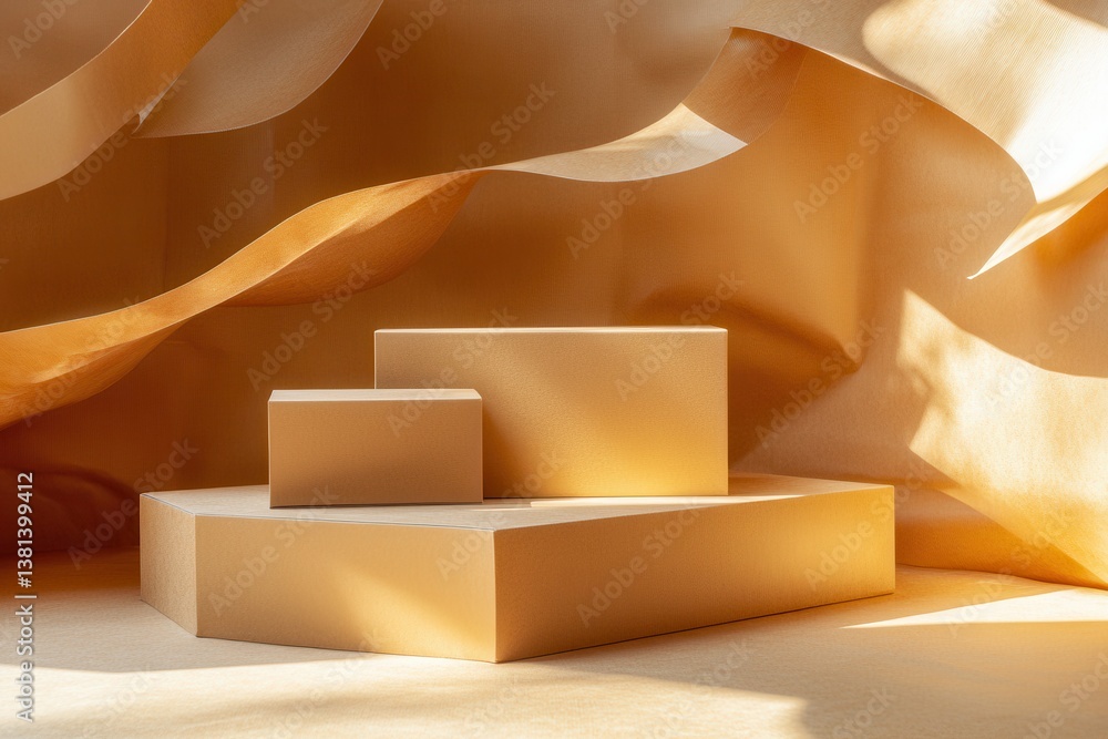 Poster abstract composition of geometric shapes in warm tones set against a flowing backdrop