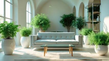 Fototapeta premium Cozy sofa, table and various houseplants positioned by window in living room interior.
