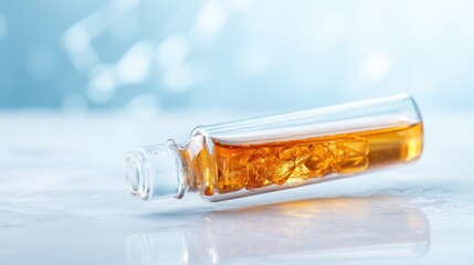 An elegant glass bottle lies on a reflective surface, filled with amber liquid, conveying a sense of richness and allure often found in refined spirits or oils.