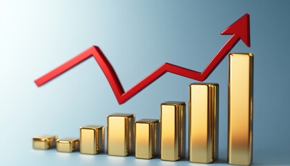 A 3D render of a red arrow pointing up next to a minimalistic gold graph with an upward trend, set against a soft blue gradient background