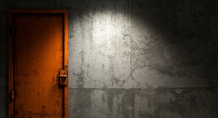 Orange Doorway in Dim Light - An orange metal door stands against a textured gray concrete wall, illuminated by a single spotlight. The scene evokes mystery and intrigue