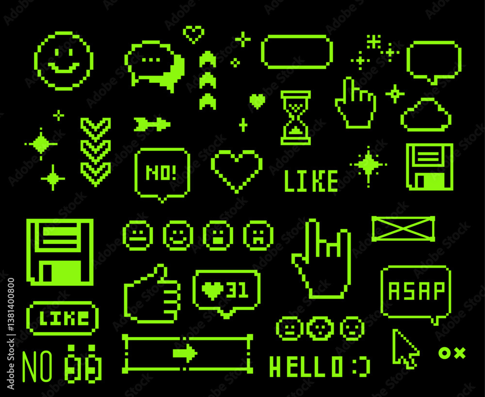Poster digital vector illustration with green pixel art icons on black, including hearts, arrows, and text 