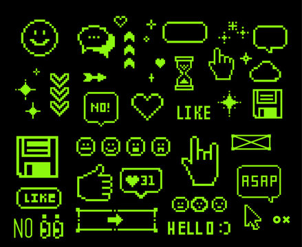 Digital vector illustration with green pixel art icons on black, including hearts, arrows, and text bubbles. It evokes a retro, nostalgic aesthetic with classic 8-bit style graphics.