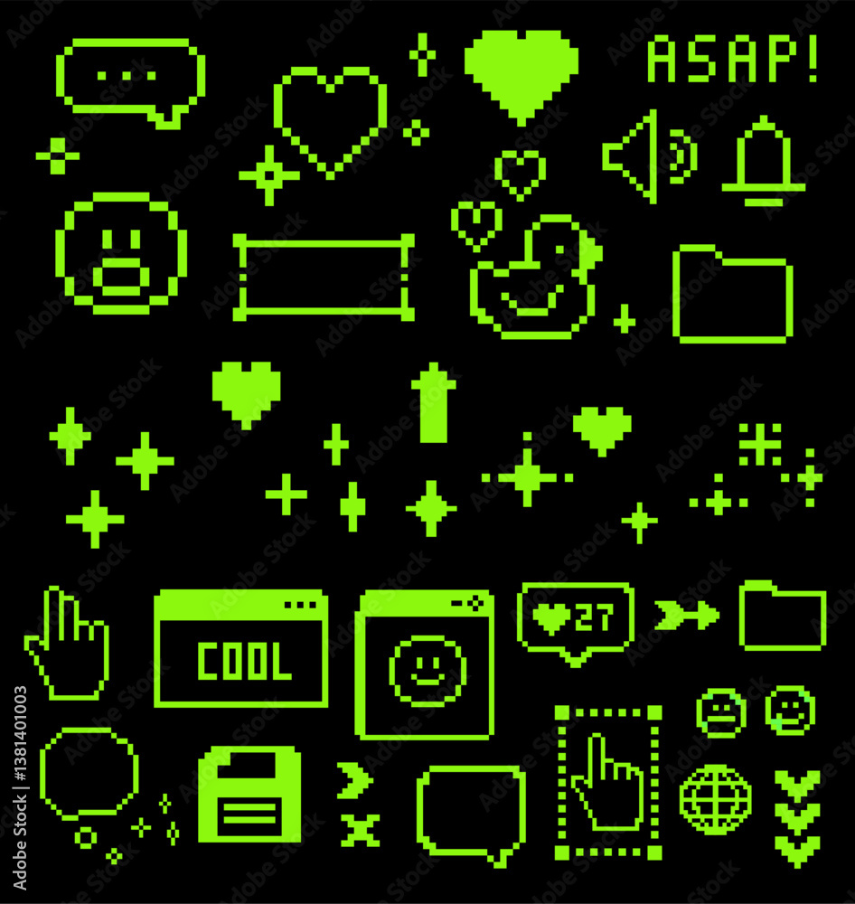 Poster digital vector illustration with green pixel art icons on black, including hearts, arrows, and text 