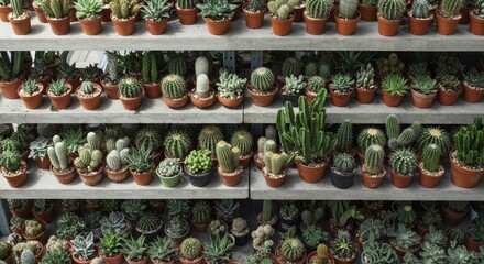 Succulent And Cactus Collection - A diverse array of succulents and cacti arranged on shelves, showcasing various shapes, sizes, and textures