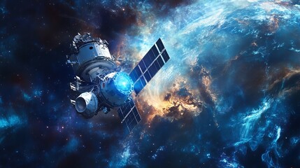 A satellite with solar panels orbiting in deep space with a nebula background in blue and purple hues