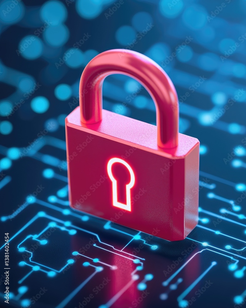 Poster secure digital data protection red padlock on circuit board representing cybersecurity privacy