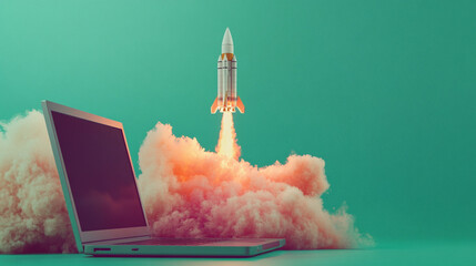 Laptop Rocket Launch Startup Success Technology Concept