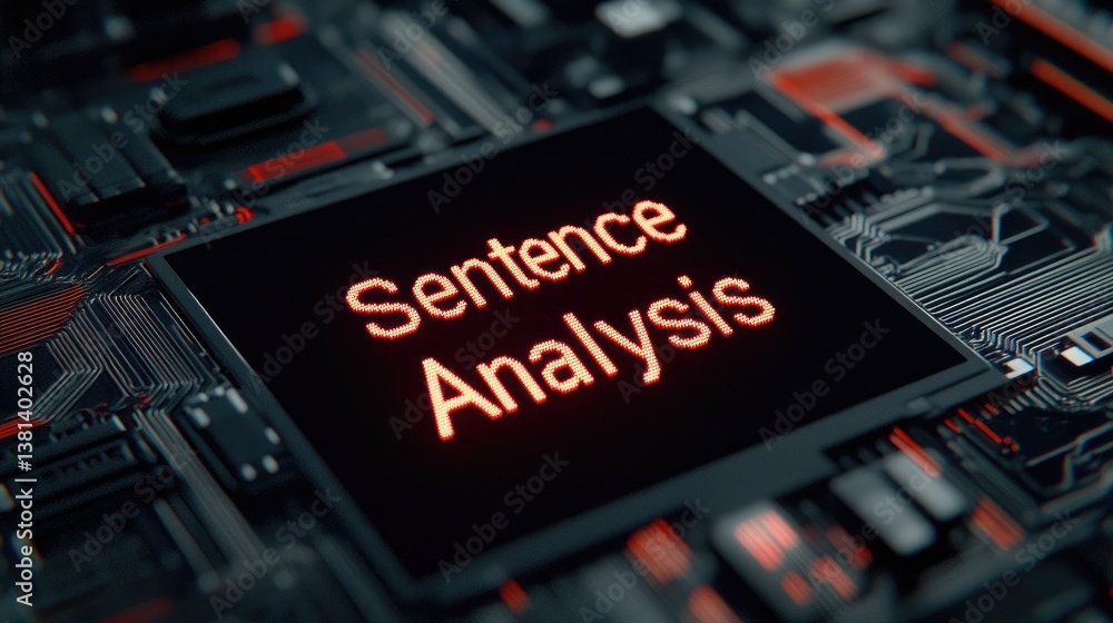 Poster red led display shows sentence analysis on futuristic circuit board high tech digital technology con