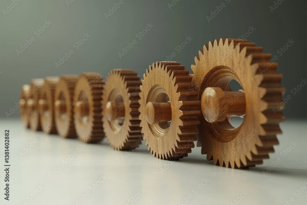 Poster wooden gears interlocking and turning in a precise arrangement on a smooth surface, gears turn one a