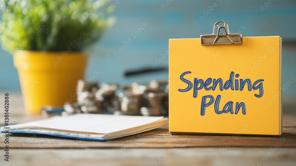 Aufkleber create a successful spending plan yellow notepad with coins a notebook