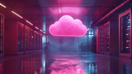 Pink cloud floats over server racks in a neon-lit data center