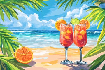Relax and unwind with refreshing cocktails on a sunny beach filled with palm leaves and ocean waves, summer time with cocktails on the beach scene