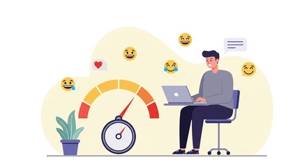 Smiling Man Working on Laptop with Positive Emoji Feedback and Low to Moderate Stress Level Gauge, Flat Vector Illustration for Well-being and Productivity.