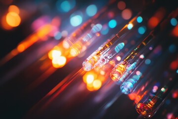 Fiber Optic cables connected to an optic ports in data center close up of network cables connected to an internet hub shallow depth of field .