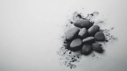 Black marine stones on the white smooth background.