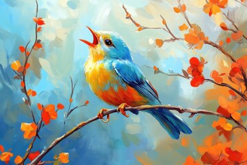 Obraz premium Colorful wild bird singing on a branch surrounded by blossoms in a vibrant landscape, bird, wild beautiful colorful sings on a branch