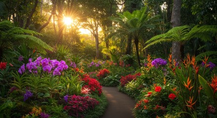 Obraz premium Serene Sunset Garden Path - A sunlit garden path winds through lush tropical foliage and vibrant flowers at sunset. Peaceful and idyllic scene