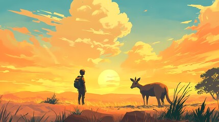 Child watches kangaroo sunset landscape