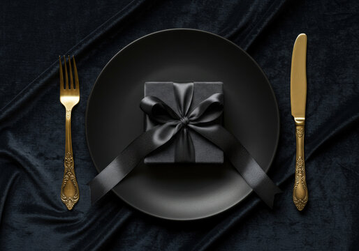 Gift voucher. Luxury black velvet, gold antique cutlery fine dining table sophisticated setting, silk wrapped gift box. Special occasion offer, fancy top high class restaurant menu, gourmet media