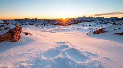 Breathtaking snowy dunes reveal delicate patterns at sunset, painting a stunning winter landscape bathed in warm hues against the backdrop of distant mountains.