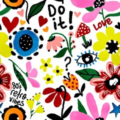 Abstract Hand Drawing Digital Painting 80’s Retro Concept Flowers Hearts Slogans Geometric Shapes Brush Strokes Seamless Pattern Isolated Background