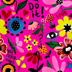 Abstract Hand Drawing Digital Painting 80’s Retro Concept Flowers Hearts Slogans Geometric Shapes Brush Strokes Seamless Pattern Tie Dye Gradient Background