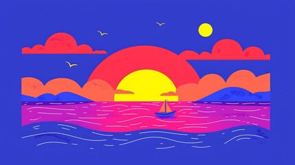 A colorful seascape depicting the sunset over the tranquil ocean waves