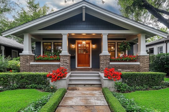 A charming craftsman-style home nestled in a lush, manicured landscape, boasting a warm inviting front porch and vibrant red flowers adding a touch of elegance.