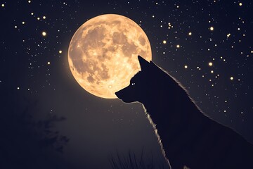 A lone wolf silhouette under a full moon, the night sky filled with twinkling stars.