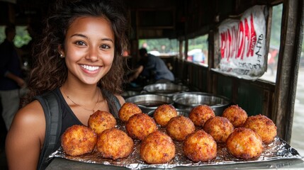 Smiling Woman Holding a Tray of Delicious Fried Food