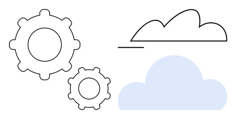 Two outlined gears aligned with a blue cloud and a minimal line-drawn cloud. Ideal for technology, innovation, teamwork, cloud computing, automation, digital transformation, simplified workflow. Flat