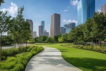 A tranquil urban park pathway winding through lush greenery, offering a serene escape amidst towering city skyscrapers under a bright, sunny sky.
