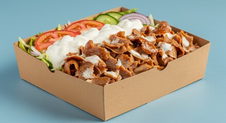 Fresh Doner Kebab Salad Box with Garlic Sauce and Vegetables on Blue Background