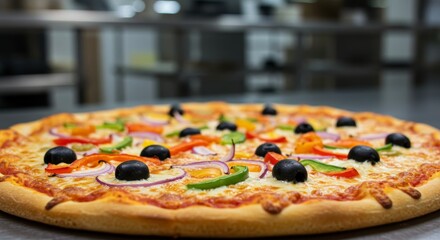 Vegetarian Pizza with Black Olives, Bell Peppers and Red Onions on Restaurant Table